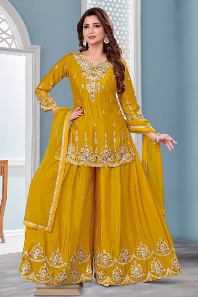 Shree Shanti Selection - Women's Mustard Yellow Embroidered Palazzo Set